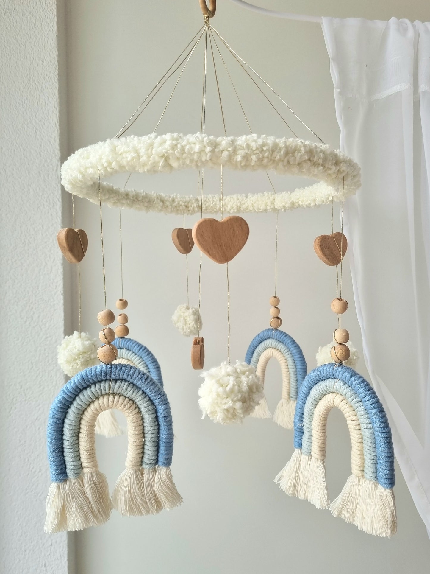 Baby Mobile Puffel Makramee blau