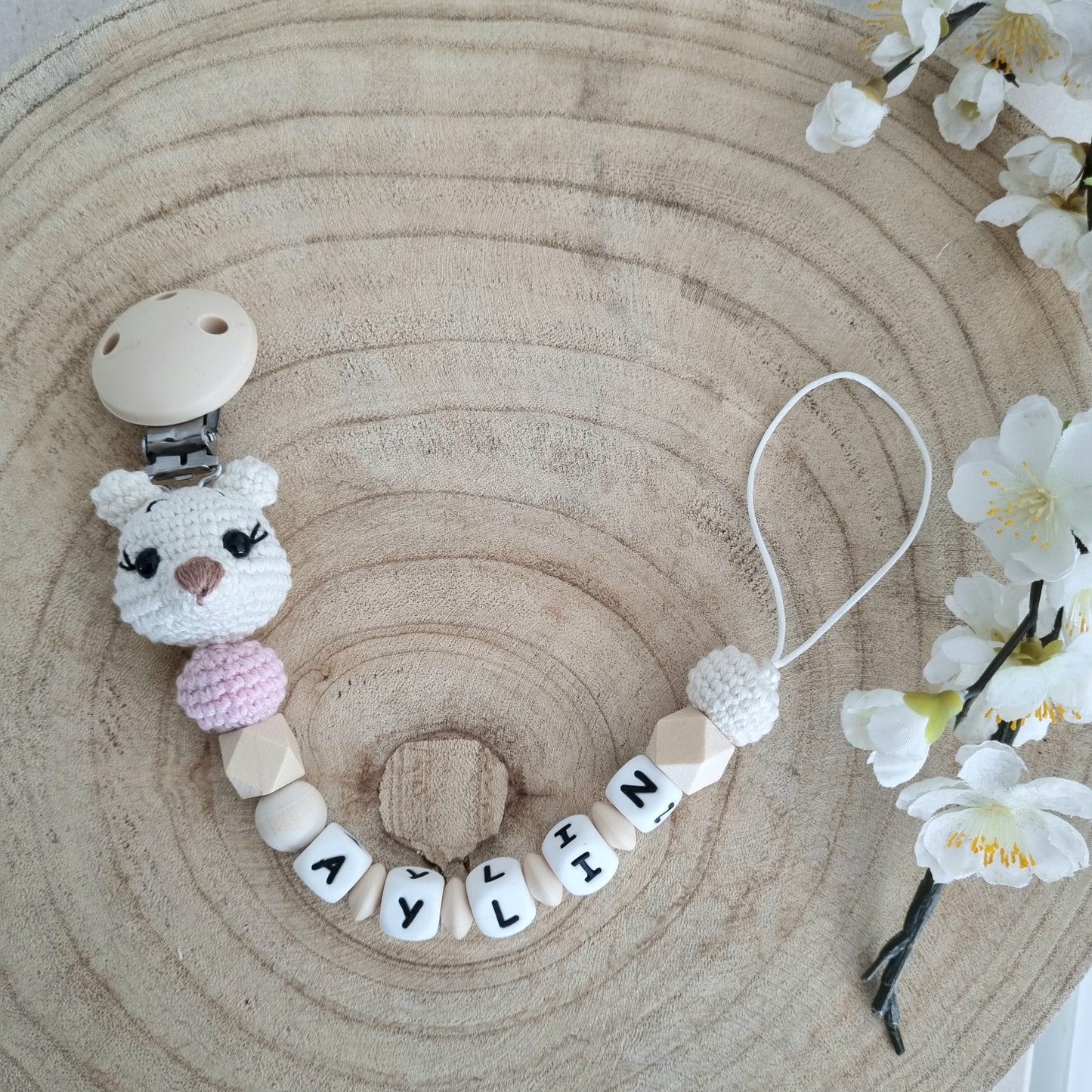 Schnullerkette kleiner Bär weiss