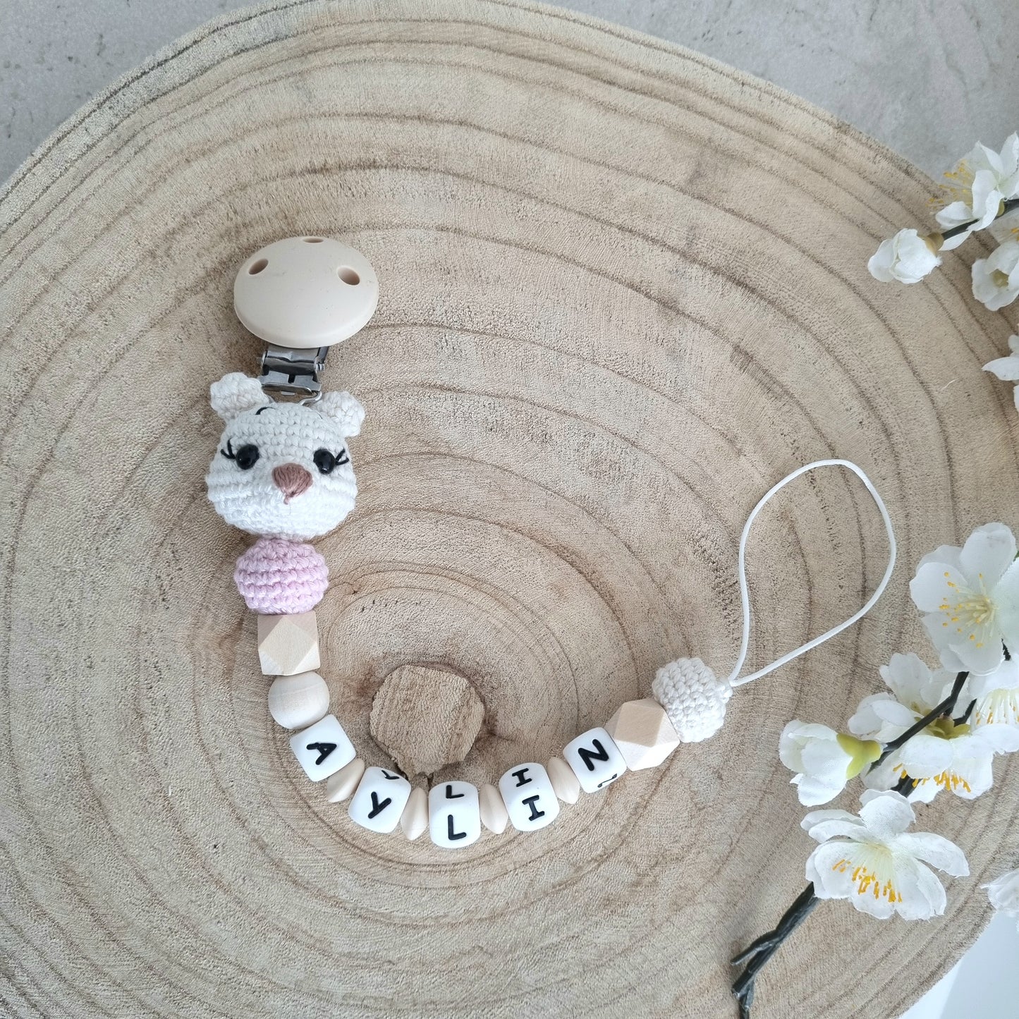 Schnullerkette kleiner Bär weiss