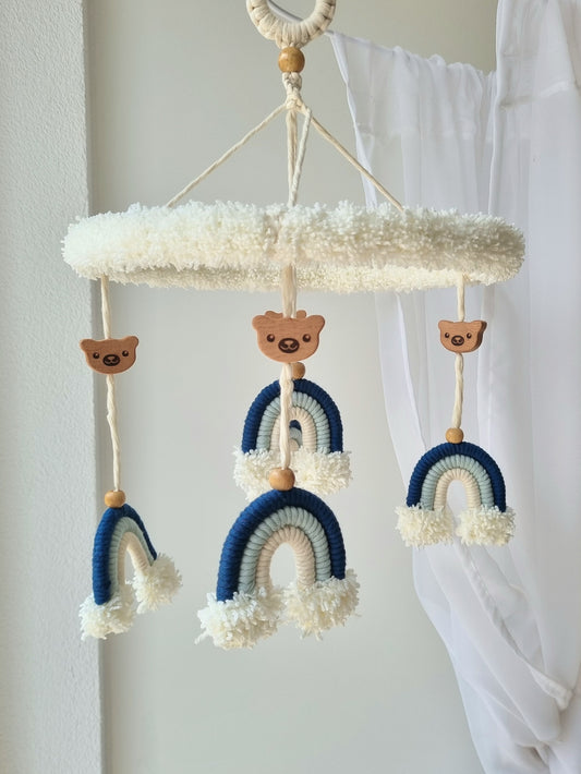 Baby Mobile Makramee Puffel blau/weiss