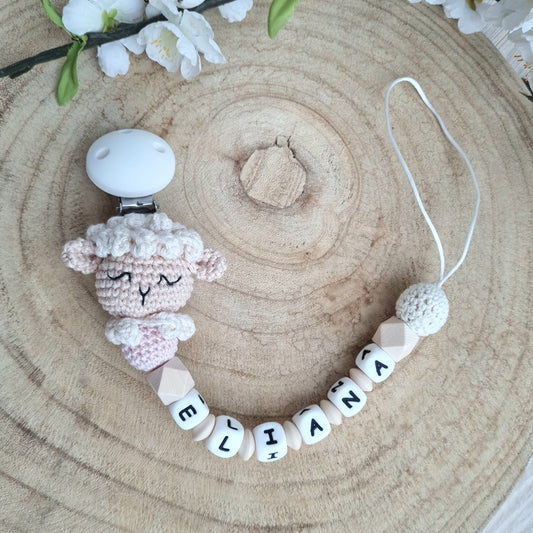 Schnullerkette Schäfchen weiss/rosa