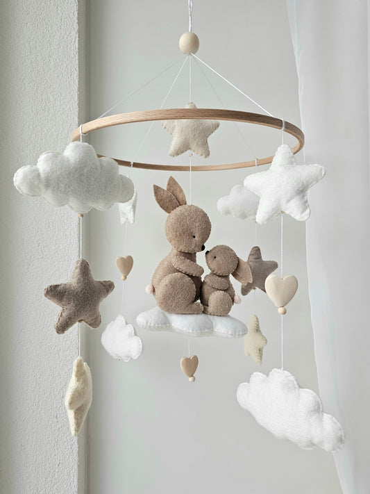 Baby Mobile Baby und Mama Häschen rosa Puffel