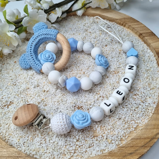 2er Set Schnullerkette und Beissring Röschen babyblau