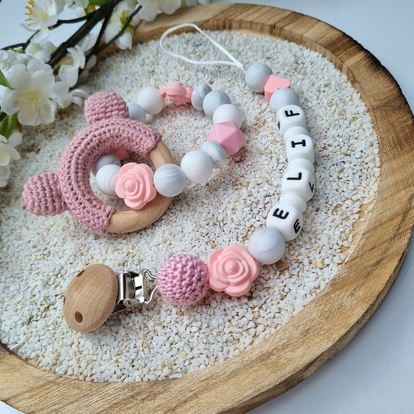 2er Set Schnullerkette und Beissring Röschen rosa