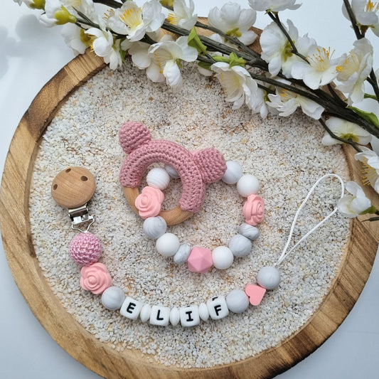 2er Set Schnullerkette und Beissring Röschen rosa