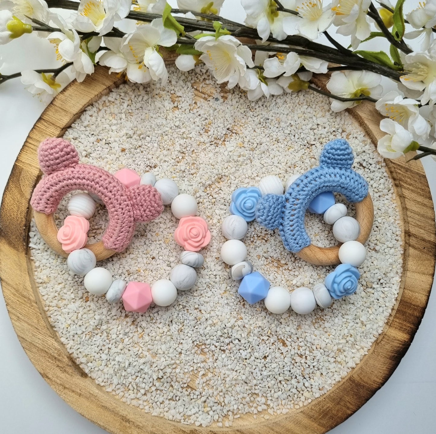 2er Set Schnullerkette und Beissring Röschen babyblau