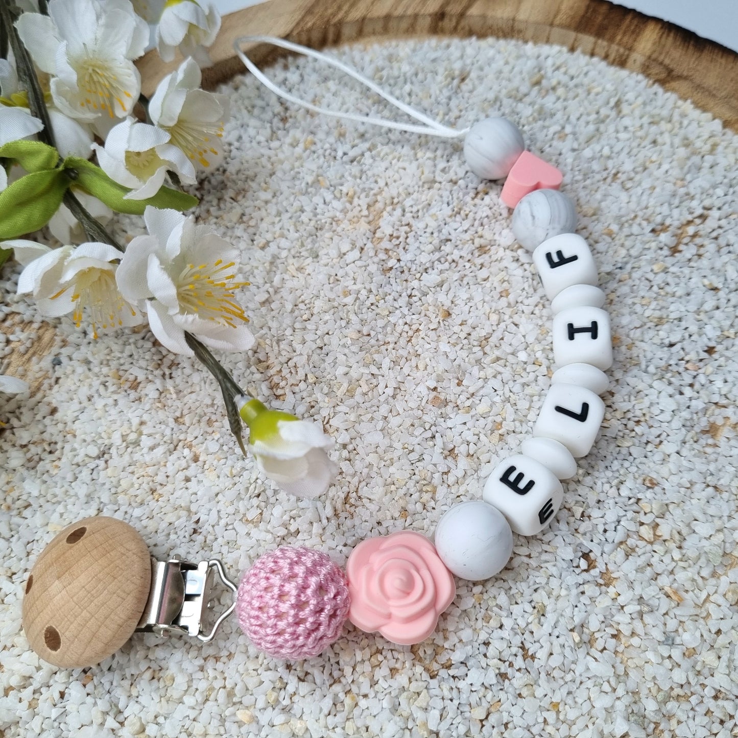 Schnullerkette Röschen türkis oder rosa