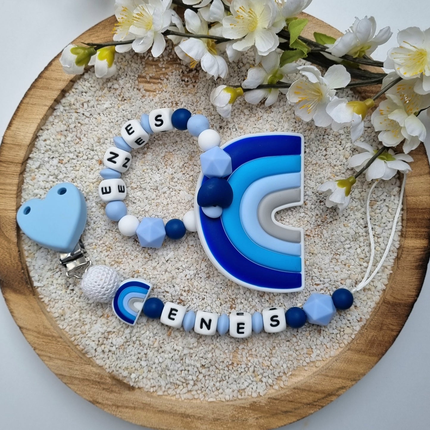 2er Set Schnullerkette und Beissring Rainbow blau