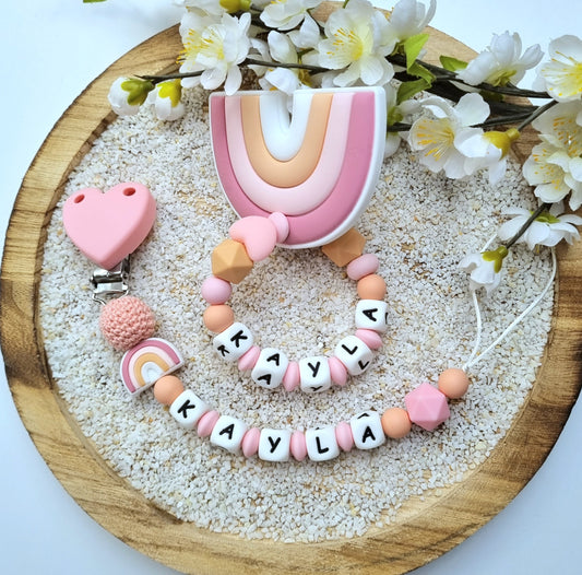 2er Set Schnullerkette und Beissring Rainbow rosa