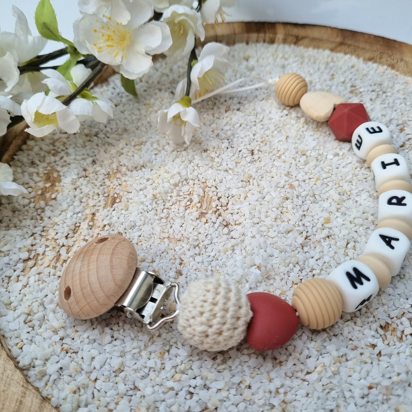 2er Set Schnullerkette und Beissring Natur Elefäntchen