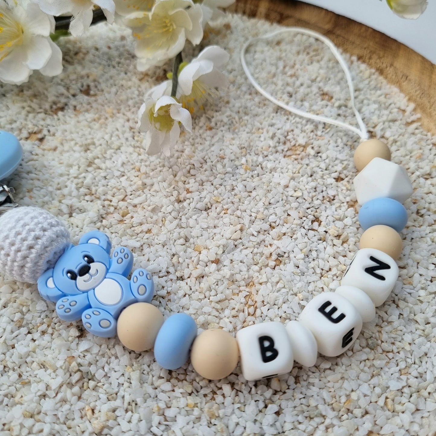Schnullerkette Bär blau/rosa