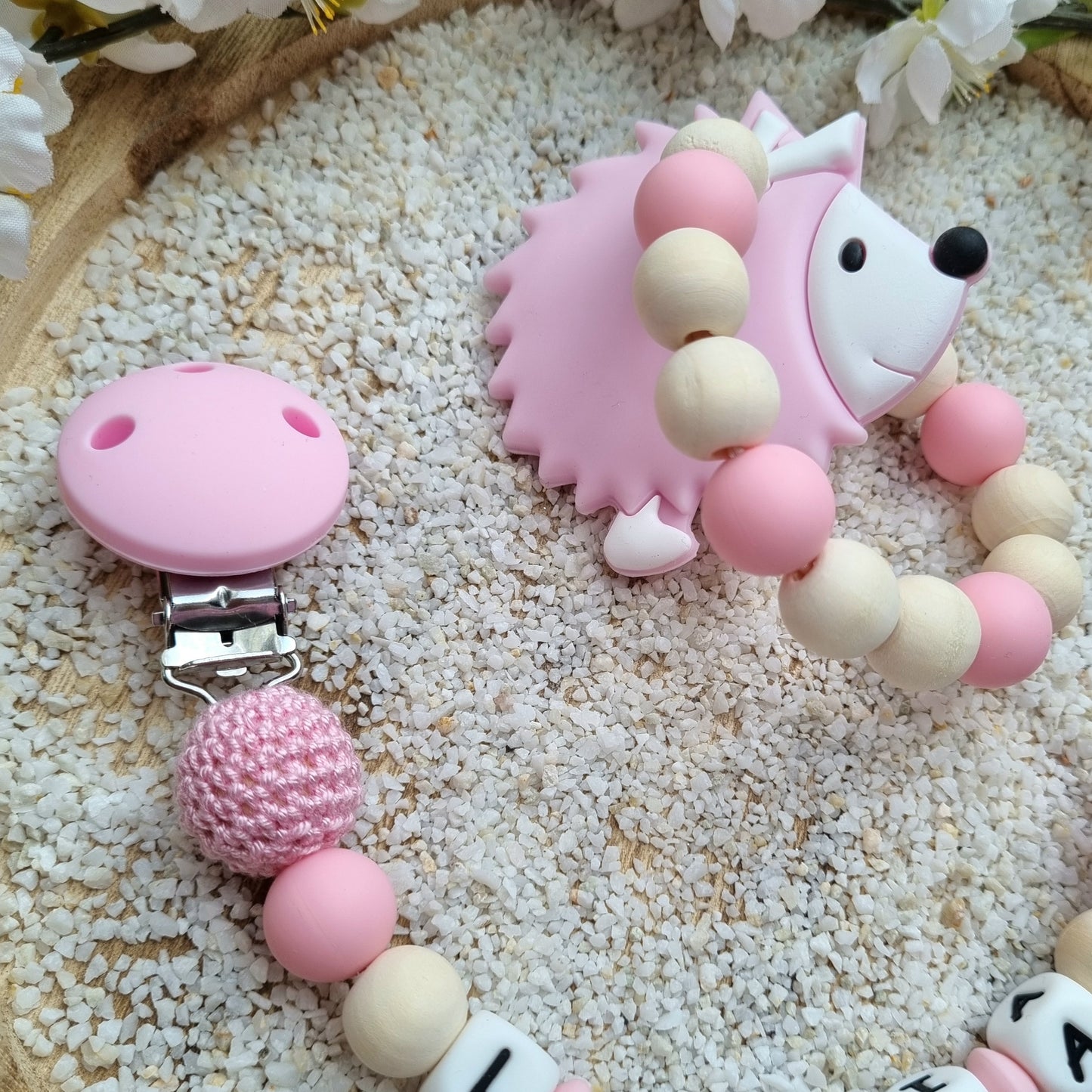 2er Set Schnullerkette und Beissring Igelchen