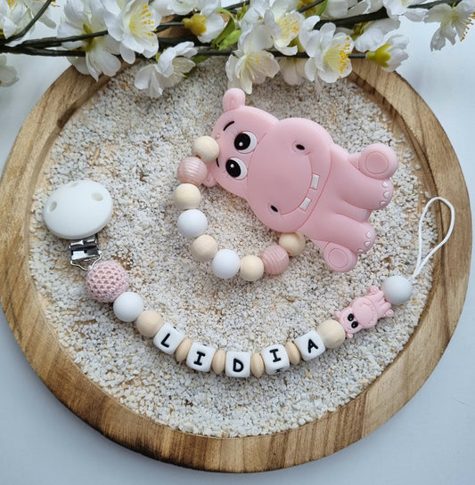 2er Set Schnullerkette und Beissring Nilpferd