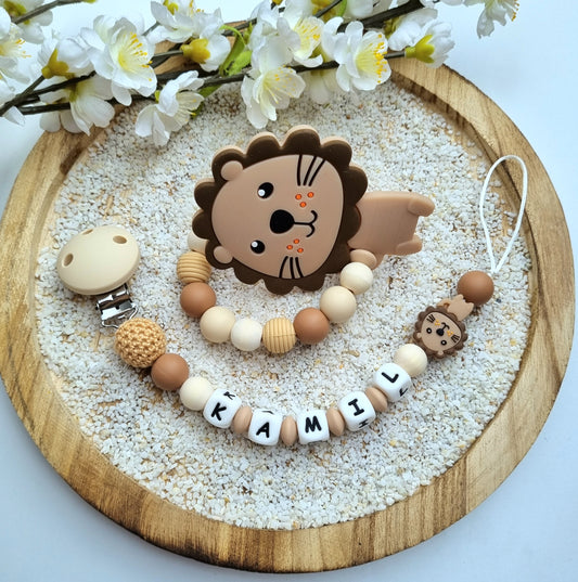 2er Set Schnullerkette und Beissring Löwe