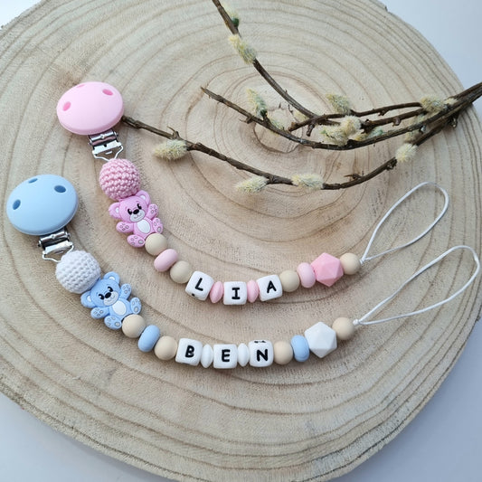 Schnullerkette Bär blau/rosa