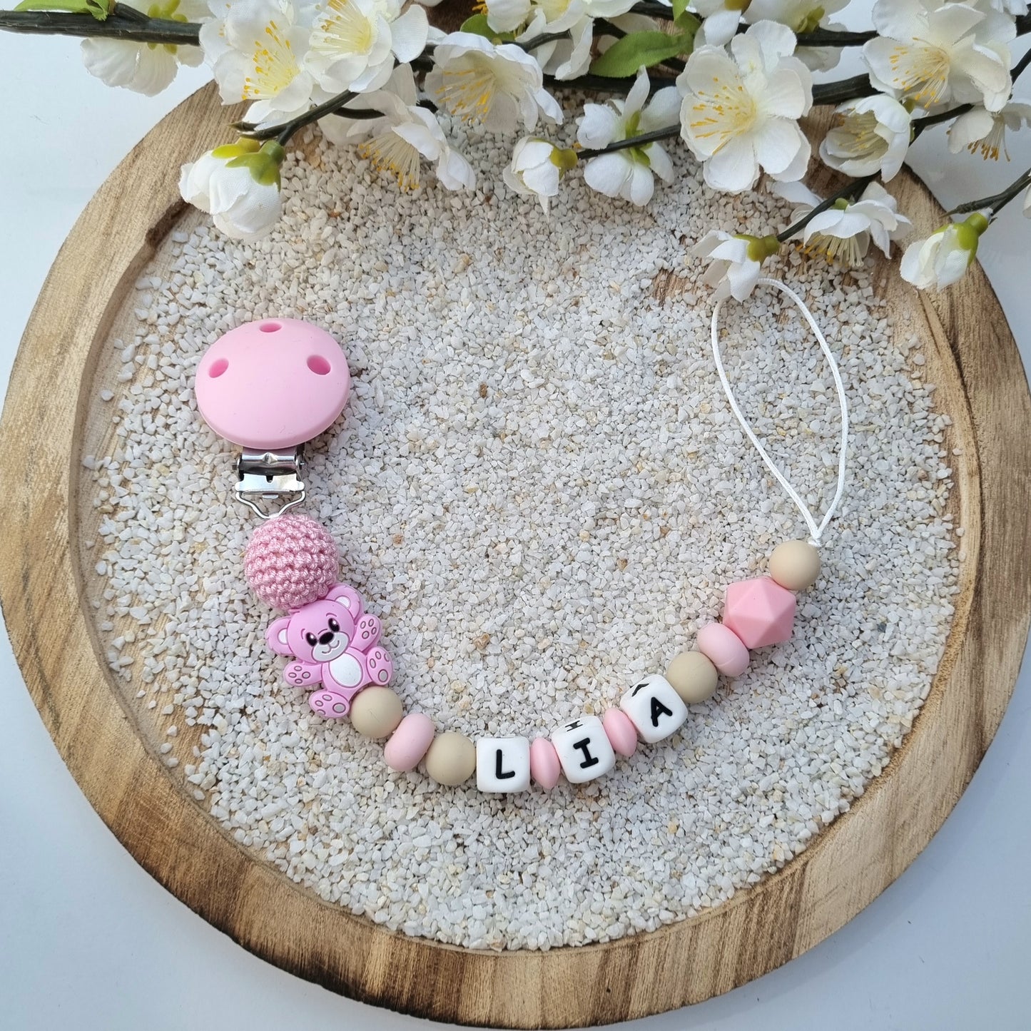 Schnullerkette Bär blau/rosa