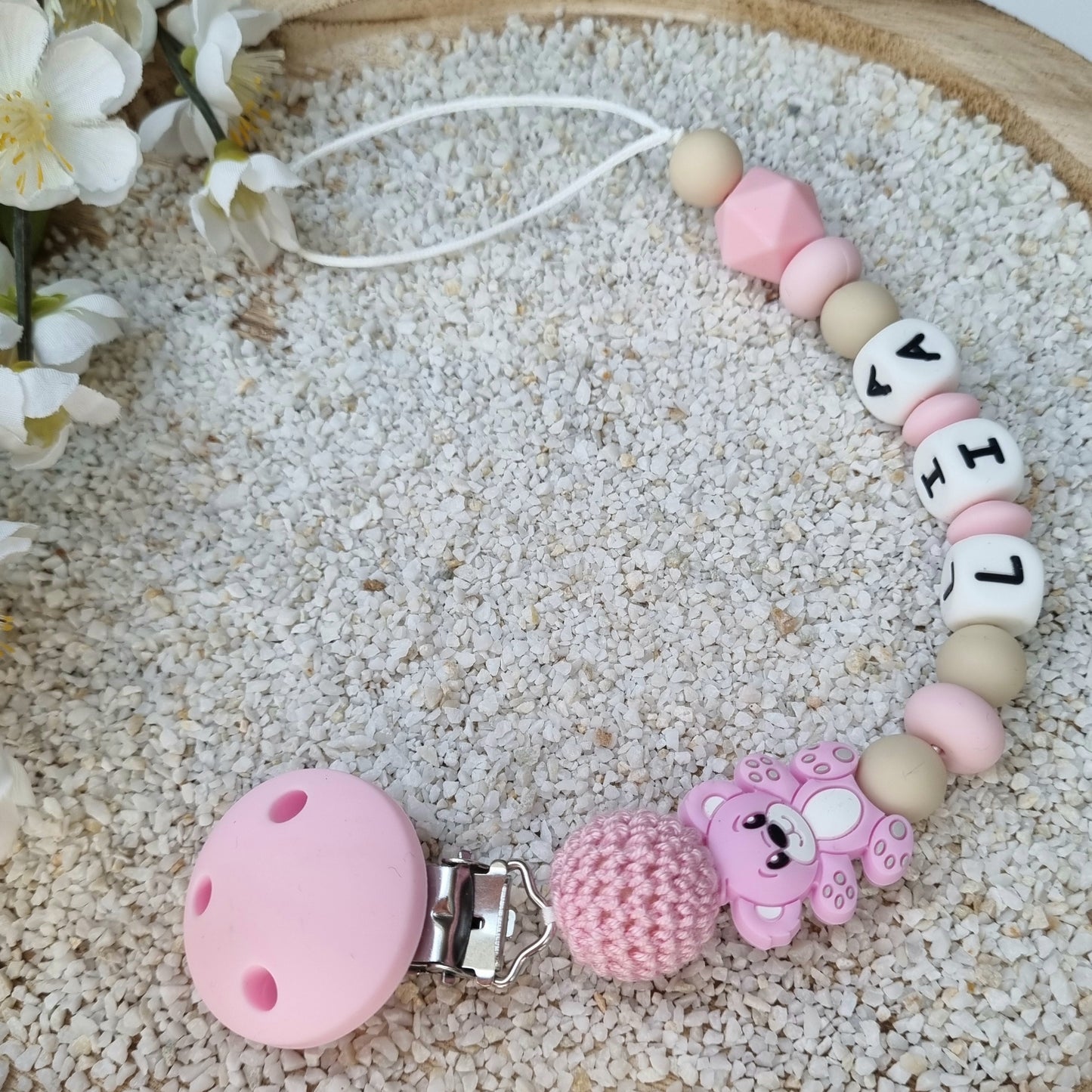 Schnullerkette Bär blau/rosa