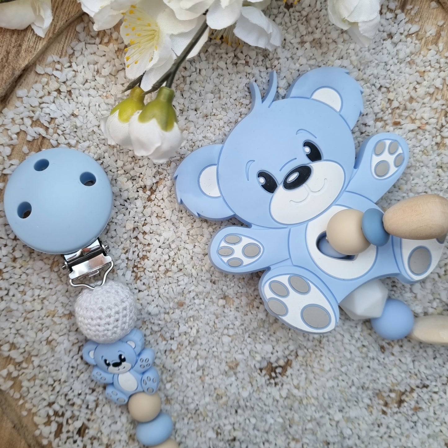 2er Set Schnullerkette und Beissring Bärchen blau