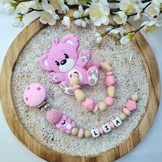 2er Set Schnullerkette und Beissring Bärchen rosa
