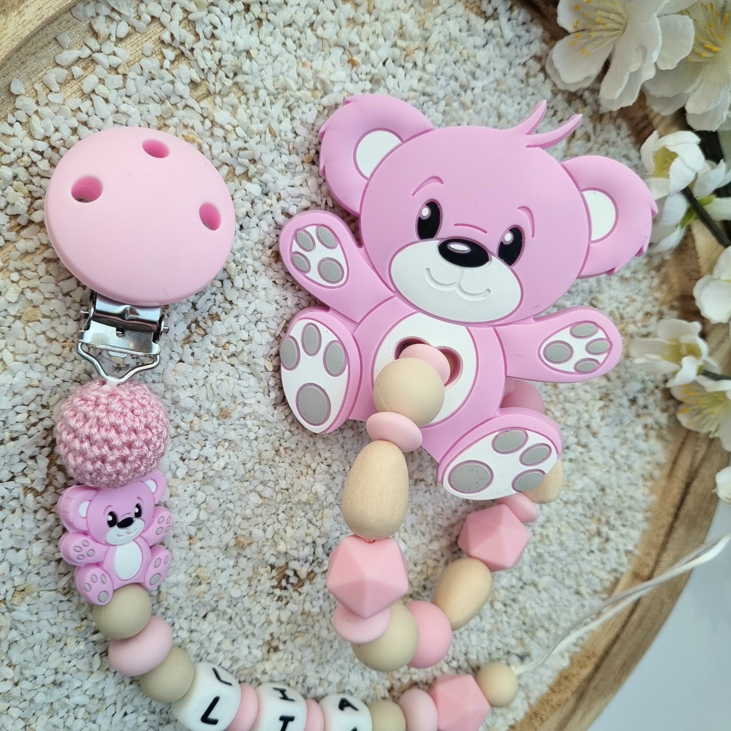 2er Set Schnullerkette und Beissring Bärchen rosa