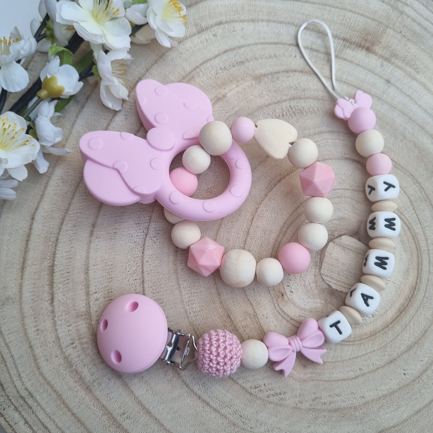 2er Set Schnullerkette und Beissring Mickey rosa