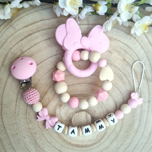 2er Set Schnullerkette und Beissring Mickey rosa