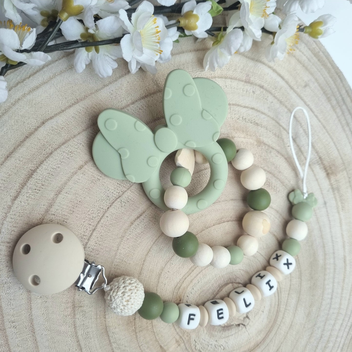 2er Set Schnullerkette und Beissring Mickey olive