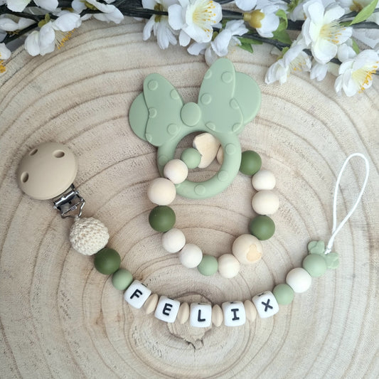 2er Set Schnullerkette und Beissring Mickey olive