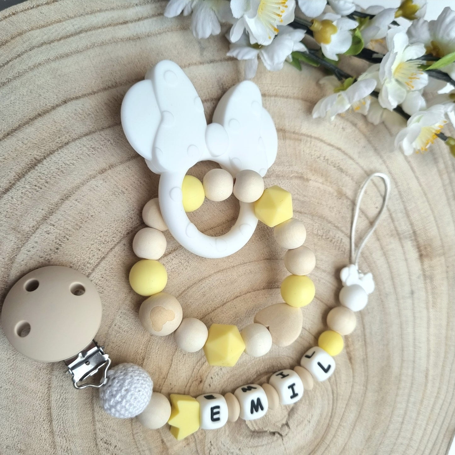 2er Set Schnullerkette und Beissring Mickey hellgelb