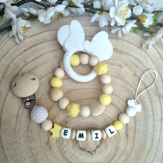 2er Set Schnullerkette und Beissring Mickey hellgelb