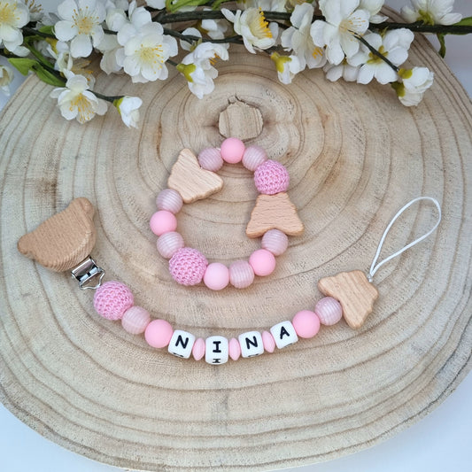 2er Set Schnullerkette und Beissring Teddy Butterfly
