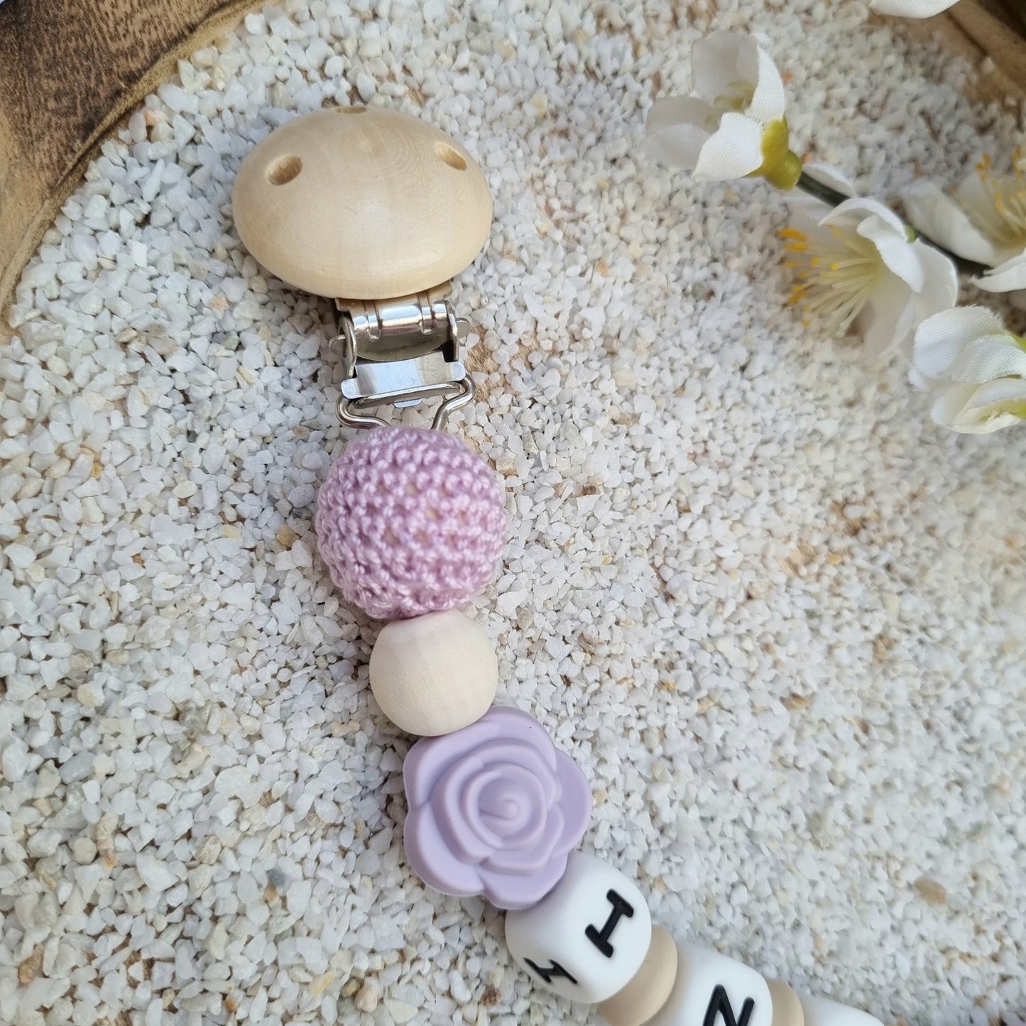 Schnullerkette Sommer Röschen pink oder lila