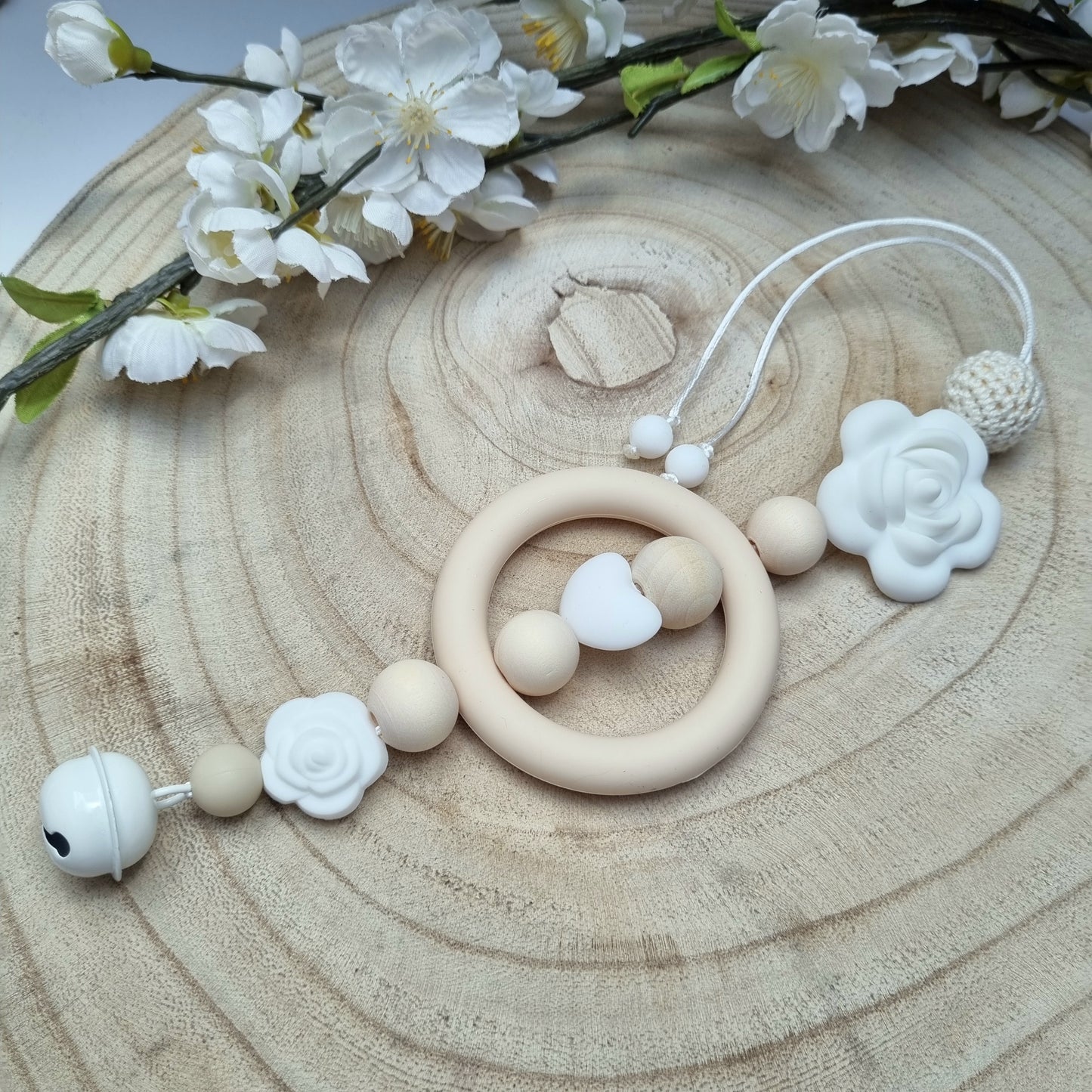 3er Set Schnullerkette, Beissring und MaxiCosi Anhänger Rose beige