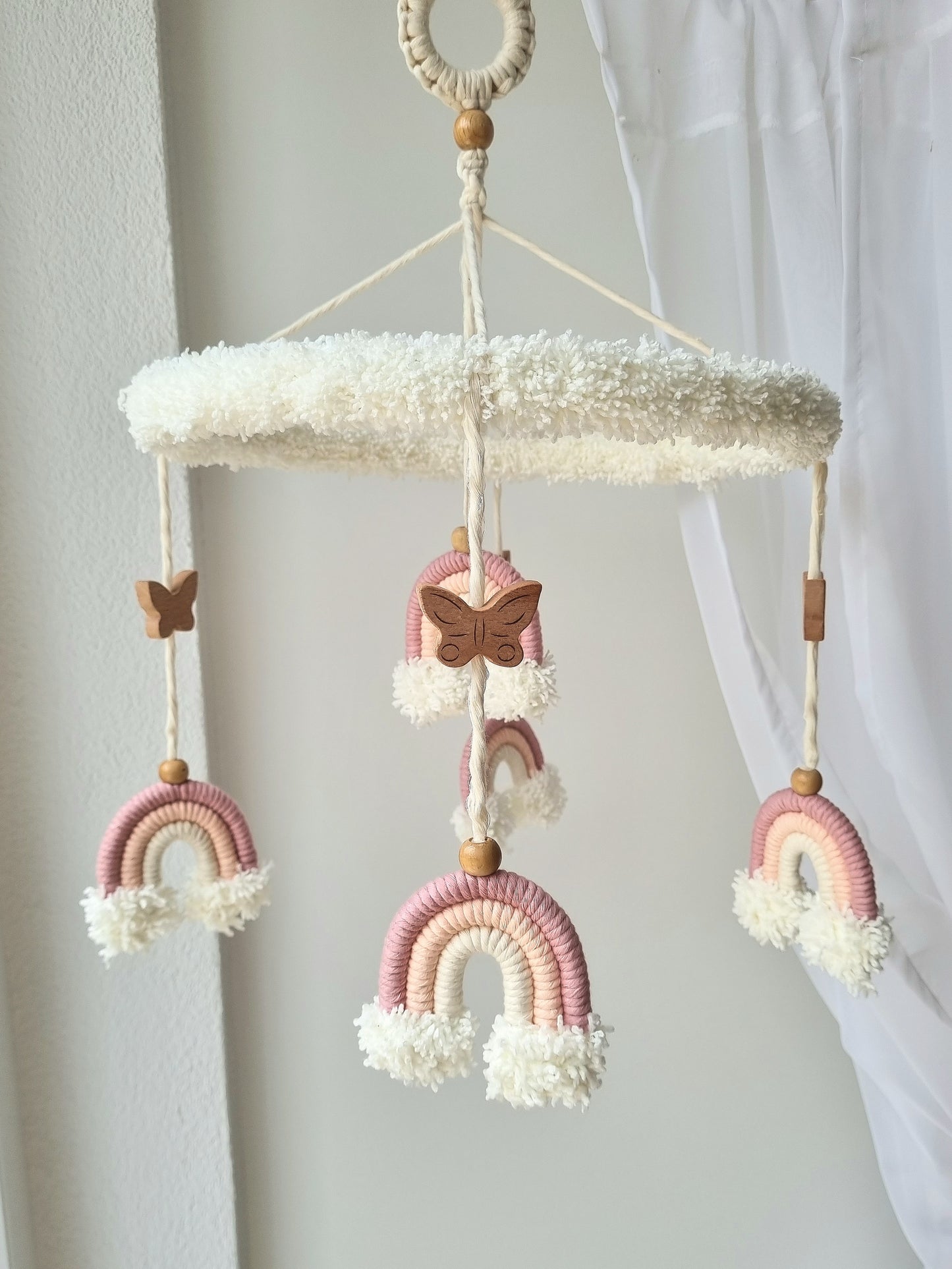 Baby Mobile Makramee Puffel rosa/weiss