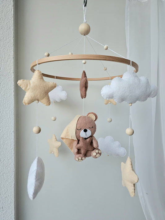 Baby Mobile Bärchen mit Mütze beige/hellgelb